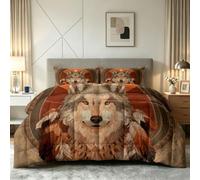 Single Duvet Set with 2 Pillowcases Coverless Duvet with Vintage Bohemian, Washable Summer Comforter 7.5 Tog, Animal Wolf Feathers - Cosy and Warm Bedding Quilt Breathable Quilted 135 x 200 cm