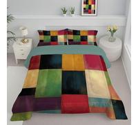 Single Duvet with Pillowcase, All Seasons Reversible Patchwork Squares Printed Coverless Duvet, Soft Lightweight Washable Microfiber Colorful Quilted Quilt Minimalist Retro Bedding Set 140x200 cm