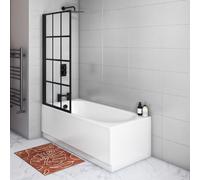 Single Ended Shower Bath with Front Panel & Left Hand Black Grid Bath Screen 1500 x 700mm - Alton