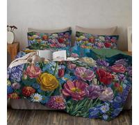 Single English Garden Duvet Cover Set 2 Tulips Poppies Daisies Brushed Microfibre Duvet Cover with 1 Pillow Ultra Soft Easy Care Machine Washable Bedding Set Blue-Purple135 x 200 cm