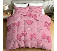 Single Extra Large Summer Coverless Duvet 155 x 220 cm, 4.5 Tog Romantic Chic Heart Polka Dot Bow Comforter Set with 2 Shams, Reversible Microfiber Soft Quilt for All Seasons, Machine Washable, Pink