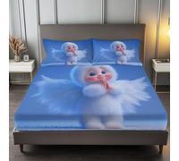 Single Fitted Sheet 30 cm Deep, Cartoon Cute Little Angels Brushed Microfiber Ultra Soft No-Iron Wrinkle-Resistant Fitted Bed Sheets Hypoallergenic Breathable Sheets, Blue