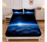 Single Fitted Sheet 90x190cm with 2 Pillowcases, Blue, Brushed Microfiber Ultra Soft Single Bed Sheets,Breathable 30 cm Deep Universe Atmosphere Earth Stars Fitted Sheets
