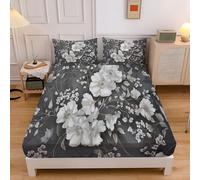 Single Fitted Sheet 90x190cm with 2 Pillowcases, Dark Gray, Brushed Microfiber Ultra Soft Single Bed Sheets,Breathable 30 cm Deep Abstract Floral White Poppy Flowers Fitted Sheets