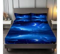 Single Fitted Sheet Blue, Fantasy Celestial Bodies Moon 30 cm Deep Pocket Hotel Quality Bedding - Soft Microfibre & Breathable Bed Cover Single Bed - Anti-Wrinkle Easy Care Fitted Sheets