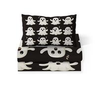 Single Fitted Sheet Cartoon Style Ghost Pattern, 30 cm Deep Pocket, Soft Breathable Microfiber Bedding Bed Sheets, Black Luxury Washable Print Fitted Cover for Mattress