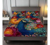 Single Fitted Sheet Color, 3D Peacock Flowers Elegance 30 cm Deep Pocket Hotel Quality Bedding - Soft Microfibre & Breathable Bed Cover Single Bed - Anti-Wrinkle Easy Care Fitted Sheets