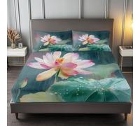 Single Fitted Sheet Deep Fit 30 cm Blue Green, Chinese Art Lotus Rain Soft Brushed Microfiber Easy Care Fade Resistant Breathable Bedding Sets with 2 Pillowcases All Around Elastic Fitted Bed Sheets