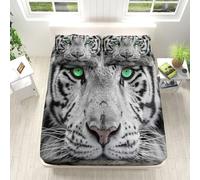 Single Fitted Sheet Deep Fit 30 cm White Animal Tiger Fitted Sheet Sets with 2x Pillowcases, All Around Elastic Fitted Bed Sheets, Soft Microfiber Shrinkage & Fade Resistant Deep Fitted Sheets
