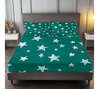Single Fitted Sheet Geometric, 3D Fitted Bed Sheet White Green Deep Pocket 12 inch (30 cm) - Soft Microfibre Fabric Fitted Sheets - Shrinkage and Fade Resistant Bedding - Bottom Sheet S793