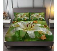 Single Fitted Sheet Green, Plant Lily Butterfly 30 cm Deep Pocket Hotel Quality Bedding - Soft Microfibre & Breathable Bed Cover Single Bed - Anti-Wrinkle Easy Care Fitted Sheets
