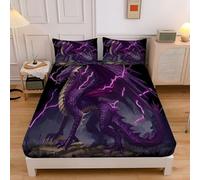 Single Fitted Sheet Purple, Extra Deep Pocket Bed Fitted 12 inch 30 cm, Games Animals Lightning Fantasy Dragons Ultra Soft Microfiber Bottom Sheet, 90x190cm