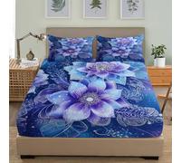 Single Fitted Sheet Set 36x75 inch Deep Pocket 30 cm Soft Microfibre Bohemian Floral Theme Bedding Sets, Purple Fitted Sheet Resistant Shrink & Fade Easy Care with 2 Pillowcases
