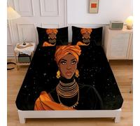 Single Fitted Sheet Simplicity Portrait Black Bed Sheets Extra Deep 12inch, African Women Soft Brushed Microfiber Fitted Sheets Set for Children and Adults with 2x Pillowcases
