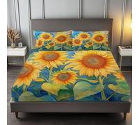Single Fitted Sheet Yellow, Watercolor Plant Sunflower 30 cm Deep Pocket Hotel Quality Bedding - Soft Microfibre & Breathable Bed Cover Single Bed - Anti-Wrinkle Easy Care Fitted Sheets