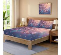 Single Fitted Sheets with 2 Pillowcase, Blue Brushed Microfiber All-Around 30cm Deep Pocket, Spring Flowers Sunset Cherry Blossoms Print Fitted Sheet for Single Size Bed, Easy Care