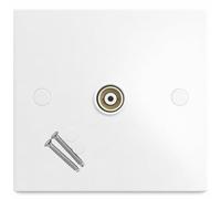 Single Flush Coaxial TV Aerial Socket - Square Edge TV/FM Coax Wall Faceplate Outlet, White Finish, Easy Install with Screws & Caps, 86mm x 86mm
