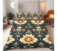 Single Golden Flowers With Orange White Accents Bedding Set Ultra-Soft Microfiber Duvet Cover Set 3Pcs-135x200+2 Pillowcases 50x75-Elegant Artistic Style Printed Zip Closure & Corner Ties