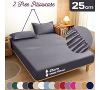(Single, Grey) 3 Piece Fitted Sheet Set Bed Sheets & Pillowcases