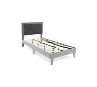(Single, Grey) Bed Frame Upholstered Platform w/Headboard Wooden Slats