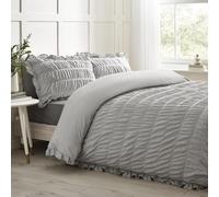 (Single, Grey) Catherine Lansfield Seersucker Frill Duvet Cover Set Bedding Bed Set 3 Colours