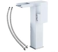 Single Handle Bathroom Faucet with Waterfall Spout and Cold Hot Water Inlet Pipes Deck Mount Mixer for Sink (White)