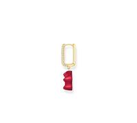 Single Hoop Earrings with Red Gold Bear Pendant in Midi Version and Gold Plated Stones