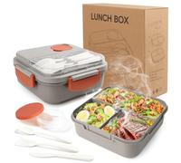 Single Layer Bento Box with 3 Compartments, 1400ml Lunch Box with Cutlery Set, Portable Dinner Snack Boxes Food Containers for School Work Men Women Students Microwave Dishwasher Safe (Khaki)