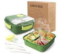 Single Layer Bento Box with 3 Compartments, 1400ml Lunch Box with Cutlery Set, Portable Dinner Snack Boxes Food Containers for School Work Men Women Students Microwave Dishwasher Safe (Green)