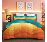 Single Multicoloured Coverless Duvet, All-in-One Reversible Minimalist Striped Waves Quilt for Kids & Students, Machine Washable Comforter Bedding Set with 2 Pillow Shams 50x75cm