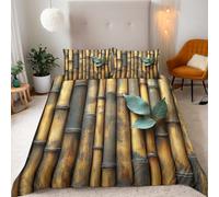 Single Natural Simple,Bamboo Poles Are Closely Arranged Bedding Set Ultra-Soft Microfiber Duvet Cover Set 3Pcs-135x200+2 Pillowcases 50x75-Green Leaves Embellishment Printed Zip Closure & Corner Ties