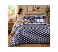 (Single, Navy Check) Luxury Floral Printed Duvet Cover Set | Reversible Designer Bedding | Matching Pillowcases | Hotel Quality