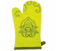 Single Oven Glove Green Henna Design - 100% Cotton Quilted Heat Resistant Kitchen Mitt - Thick Padded Insulated Cooking Glove with Hanging Loop - Ideal for Baking, Roasting & Grilling