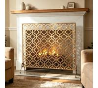 Single-Panel Wrought Iron Fireplace Screen, Wood-Burning Metal Spark Guard | Lattice Fine-Mesh, Antique Gold / Black, Freestanding Safety Barrier for Wood-Burning Hearth Decor(Gold,101cm/40in)