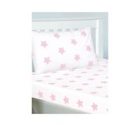 (Single, Pink/White) Pink and White Stars Junior Fitted Sheet and Pillowcase Set