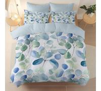 Single Plants Leaves Branches Bedding with Zipper, Watercolor Scandinavian Soft And Easy Care Microfiber Reversible Duvet Cover with Pillowcases, Light Blue