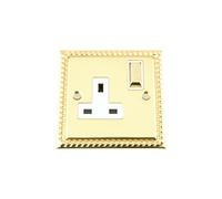 Single Plug Socket 1 Gang 13 Amp - Georgian - Polished Brass - White - Metal Rocker Switch