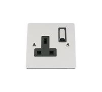 Single Plug Socket 1 Gang 13A -Polished Chrome -Flat -Black Insert -Metal Rocker Switch