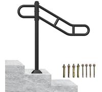 Single Post Handrail, 32” - 8.5”L x 35.8”H Wrought Iron Outdoor Handrails for 1-3 Steps, Black Metal Bent U-Shaped Stair Railing, Floor Mounted Steps Hand Rail with 2 Anti-Skid Crossbar for Porch