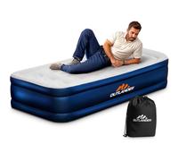 (Single Raised Airbed W/ Built in Pump) High Raise Flocked Air Bed Inflatable Built in Pump Camping Mattress Home Travel