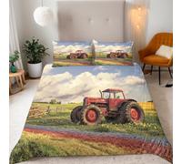 Single Red Tractor Bedding Set Ultra-Soft Microfiber Duvet Cover Set 3Pcs - 135x200cm + 2 Pillowcases 50x75cm - Natural Scenery 3D Printed Design with Zip Closure & Corner Ties