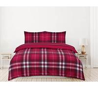 Single Red Wine Highland Tartan Check Duvet Cover, Reversible Easy Care Poly Cotton Bedding With Pillow Case (Red Wine, Single)