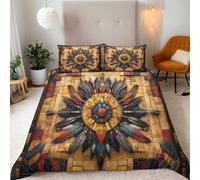 Single Retro Mystery, Feathers Surround-W Bedding Set Ultra-Soft Microfiber Duvet Cover Set 3Pcs-135x200cm+2 Pillowcases 50x75cm-Geometric Patterns 3D Printed Design with Zip Closure & Corner Ties
