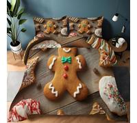 Single Reversible Coverless Duvet, Soft Cosy All Seasons Christmas Gingerbread Man Cute Modern Comforter - Lightweight Machine Washable Light Brown Quilt Bedding Set 135 x 200 cm with 2 Pillowcases