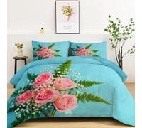 Single Reversible Coverless Duvet, Soft Cosy All Seasons Elegant Romantic. Flowers Leaves Comforter - Lightweight Machine Washable Blue Quilt Bedding Set 135 x 200 cm with 2 Pillowcases