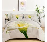 Single Reversible Coverless Duvet, Soft Cosy All Seasons Hyperrealistic Flowers Minimalist Calla Lilies Comforter - Lightweight Washable White Quilt Bedding Set 135 x 200 cm with 2 Pillowcases