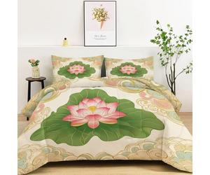 Single Reversible Coverless Duvet, Soft Cosy All Seasons Traditional Flowers Leaves Cloud Patterns Comforter - Lightweight Machine Washable Gold Quilt Bedding Set 135 x 200 cm with 2 Pillowcases