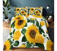 Single Reversible Duvet Coverless, Soft All Seasons White Comforter Machine Washable Retro Flowers Leaves Sunflower Quilt - Lightweight Warm 135 x 200 cm Bedding with 2 Pillowcases