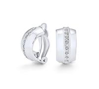 Single Row Crystal Wide Half Hoop Clip On Earrings For Women Non Pierced Ears Polished Silver Tone Plated Brass