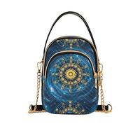 Single Shoulder Handbag Women Golden Zodiac Signs Circle Blue Quilted Phone Bags with Chain Strap Cute Zipper Bowler Tote Ladies Satchel, 5.9" × 8.3" × 3.1"